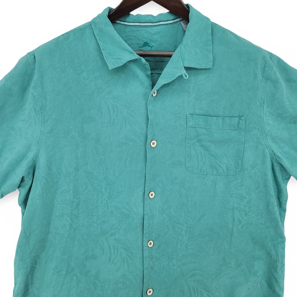 Tommy Bahama Mens XL Silk Camp Shirt Blue Green Hawaiian Tropical Casual